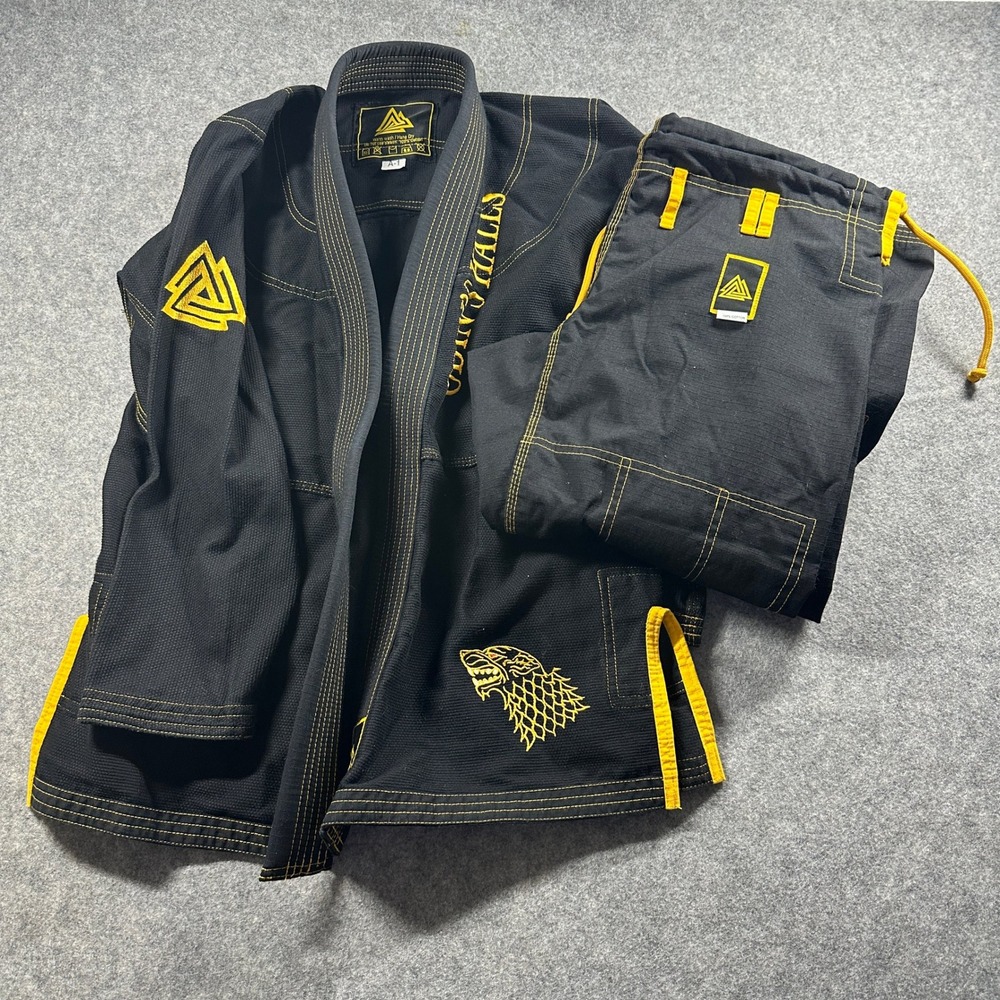 Odin's Halls BJJ Gi Set Mens A1 Black Yellow Brazilian Jiu Jitsu Kimono Uniform